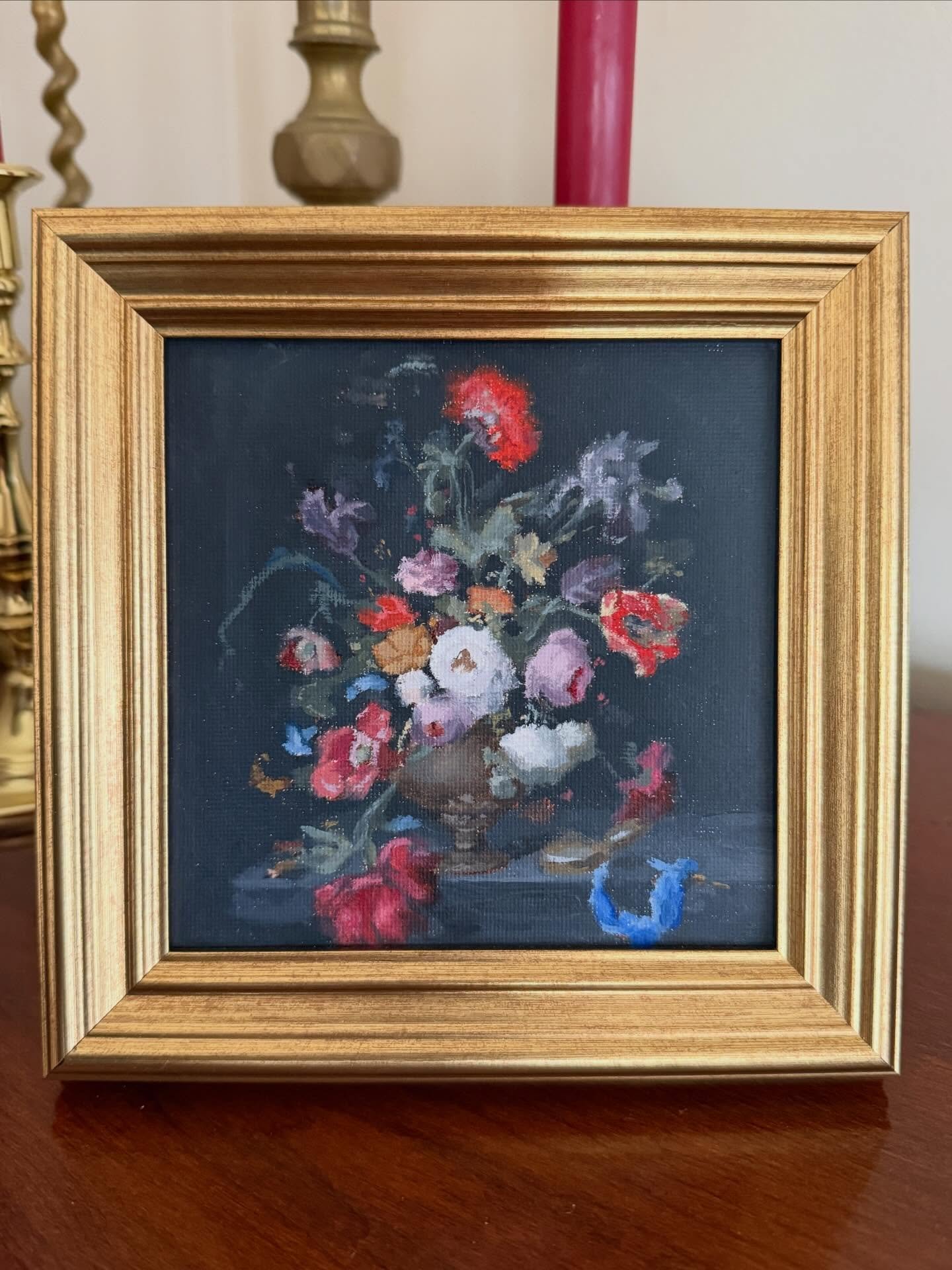 4&rdquo; square study of &ldquo;Still Life with Flowers and a Watch&rdquo; by Abraham Mignon done last year, oil