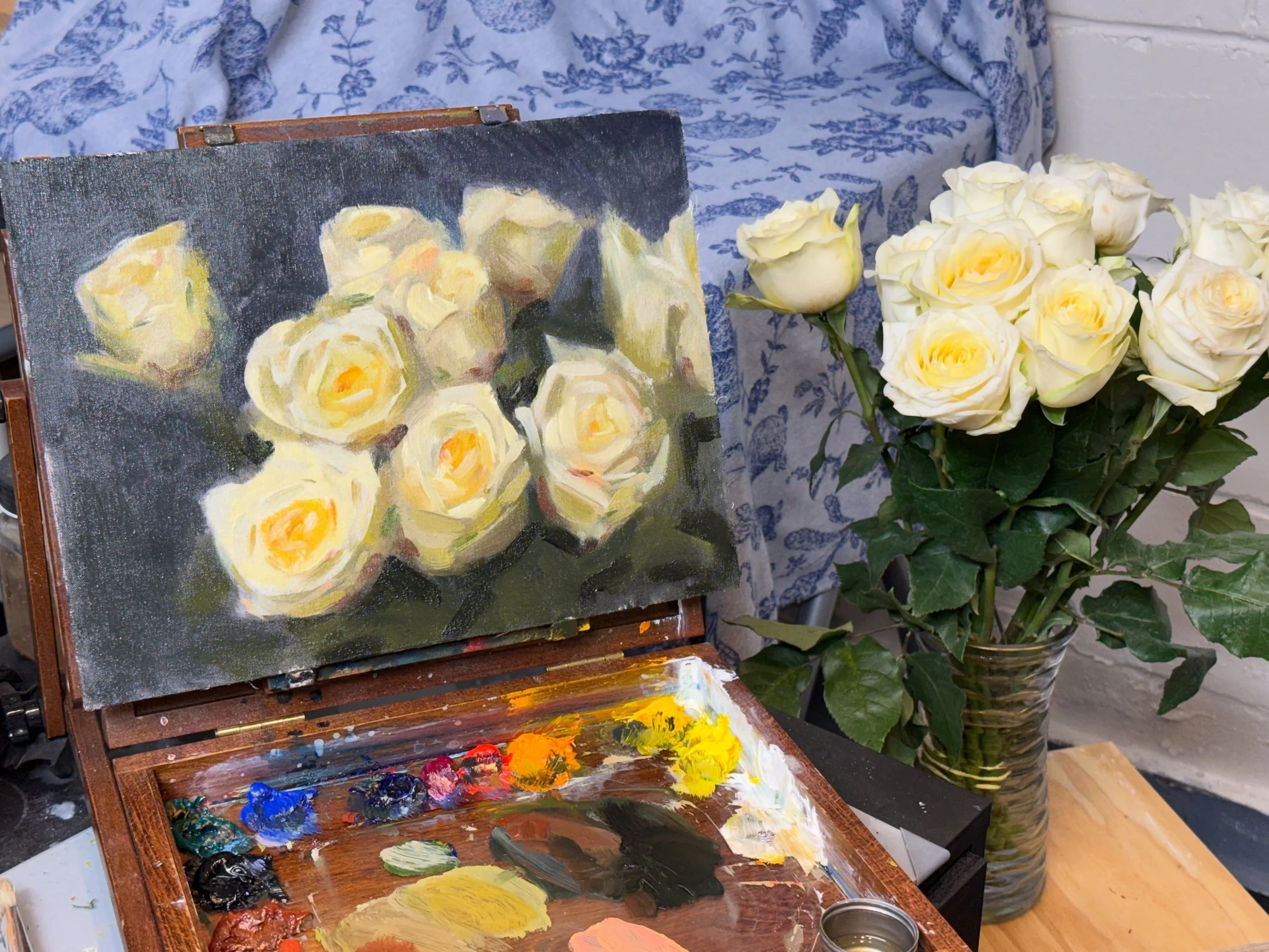 This is the first time I&rsquo;ve painted roses indoors - I wanted to get up close to them to really explore the color notes I was seeing. There is such a delicate push and pull required to retain the form of flowers that I hope to get better and bet