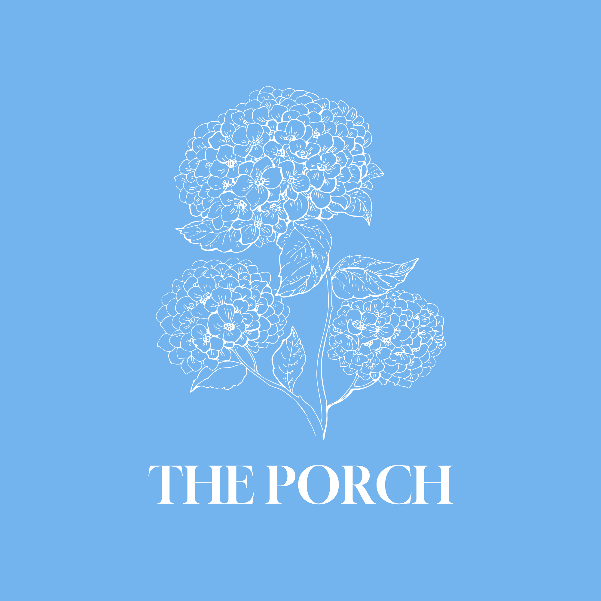 Illustration of hydrangea flowers in white outline on a blue background with the text "The Porch" at the bottom.