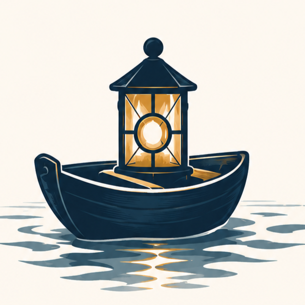 In a digital illustration style, a small boat representing reflection, connection, and forward movement.