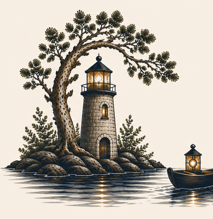 A lighthouse guiding a small boat toward a sheltered harbor