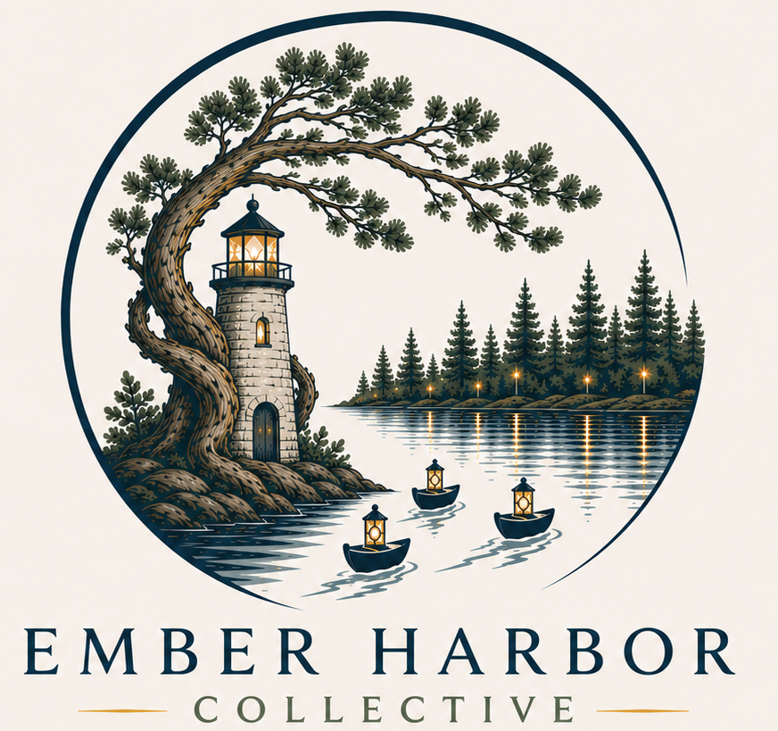 Ember Harbor Collective logo: Illustration of a lighthouse beside a large shore pine , overlooking a body of water with three small boats, and a forested shoreline with lights reflecting on the water.