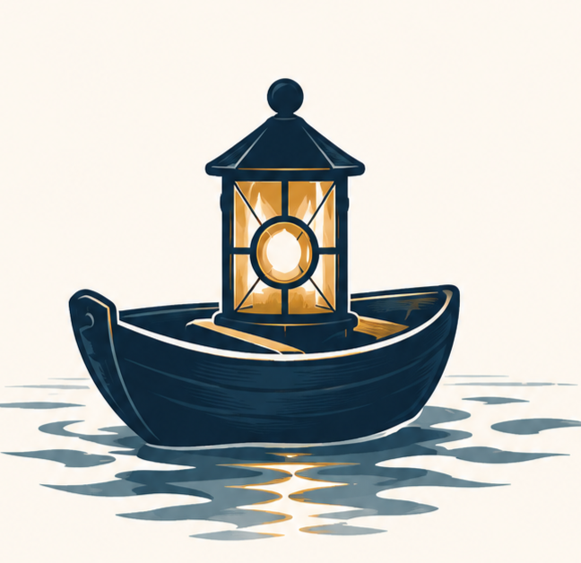 In a digital illustration style, a small boat representing reflection, connection, and forward movement.