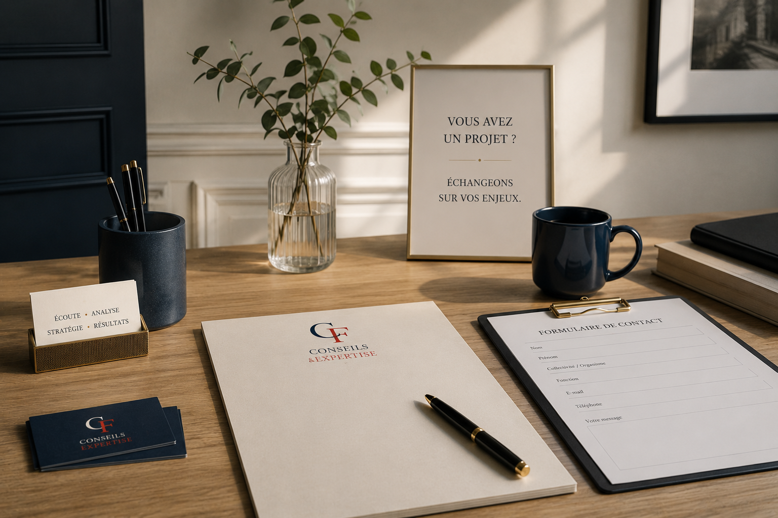 Un bureau avec des fournitures de bureau, un cadre avec une question en français, une brochure, une tasse, et un formulaire de contact.