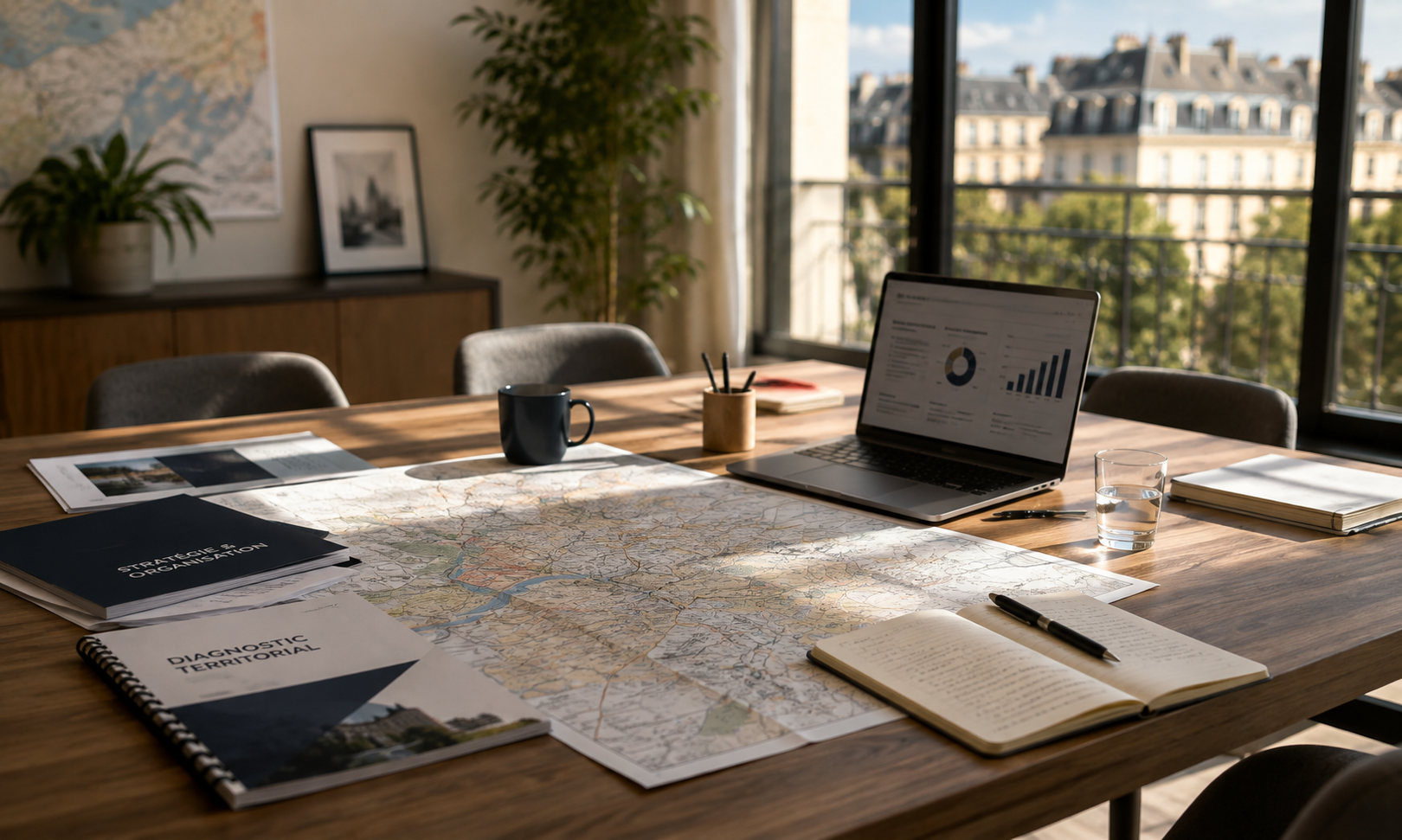 Table de réunion avec cartes, ordinateur portable affichant des graphiques, cahiers, stylo, tasse et verre d'eau, dans une pièce bien éclairée par la lumière naturelle, avec vue sur des bâtiments par de grandes fenêtres.
