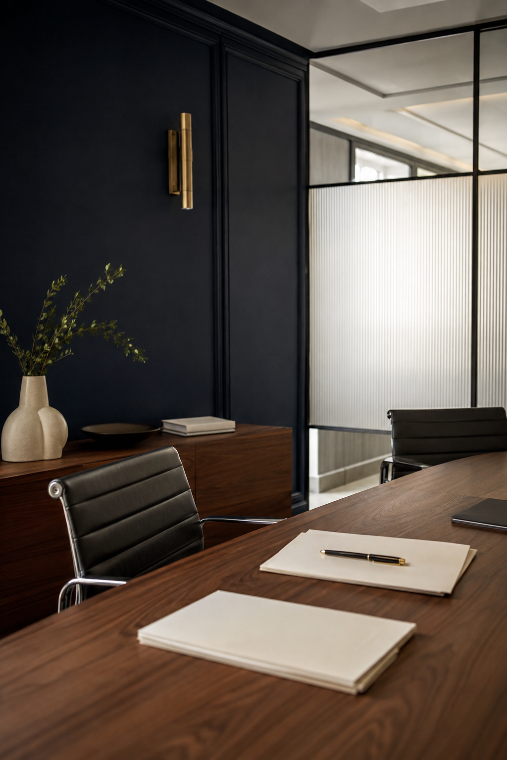 Salle de réunion moderne avec un grand table en bois, des chaises en cuir noir, une pièce de vase avec des feuilles vertes et une lampe murale en or, séparée par une cloison en verre translucide.