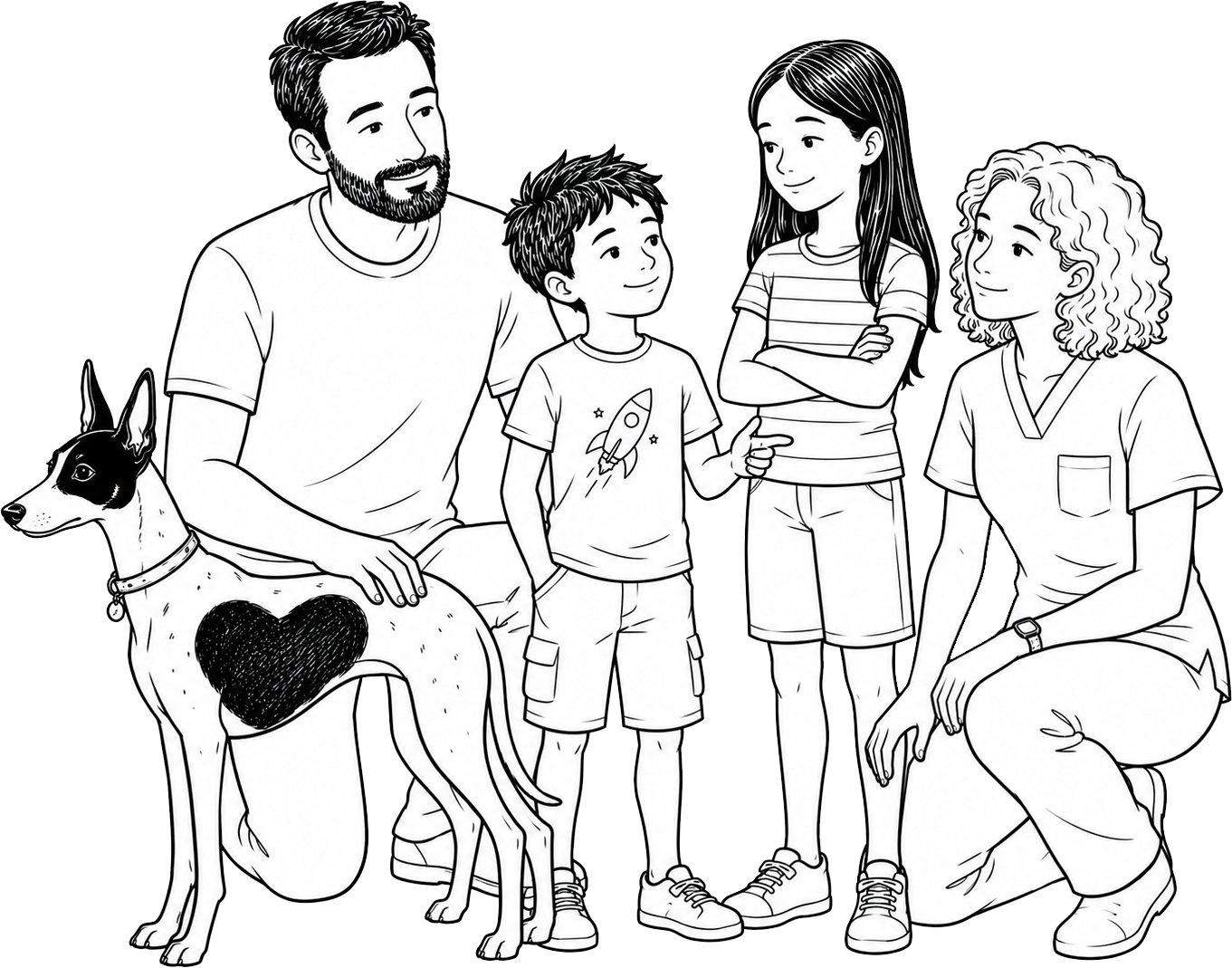 Black-and-white illustration of the Katz family: Thomas, Cal, Tabi, Felicia, and their dog Mollie.