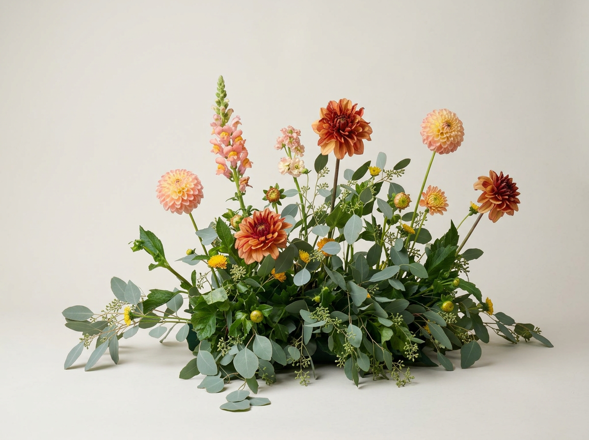 A floral arrangement with various flowers and green leaves, including peach and reddish-orange dahlias, pink snapdragons, small yellow blossoms, and trailing greenery, on a plain white background.