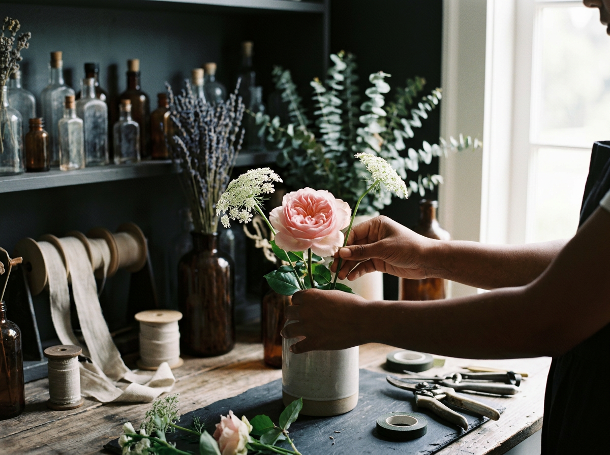A person arranging a pink flower in a white vase, surrounded by other floral supplies and tools on a rustic wooden table, with shelves of bottles and flowers in the background.