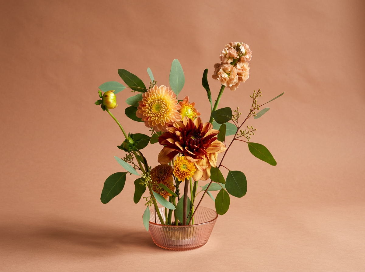 A bouquet of various colorful flowers in a pink glass vase against a beige background.
