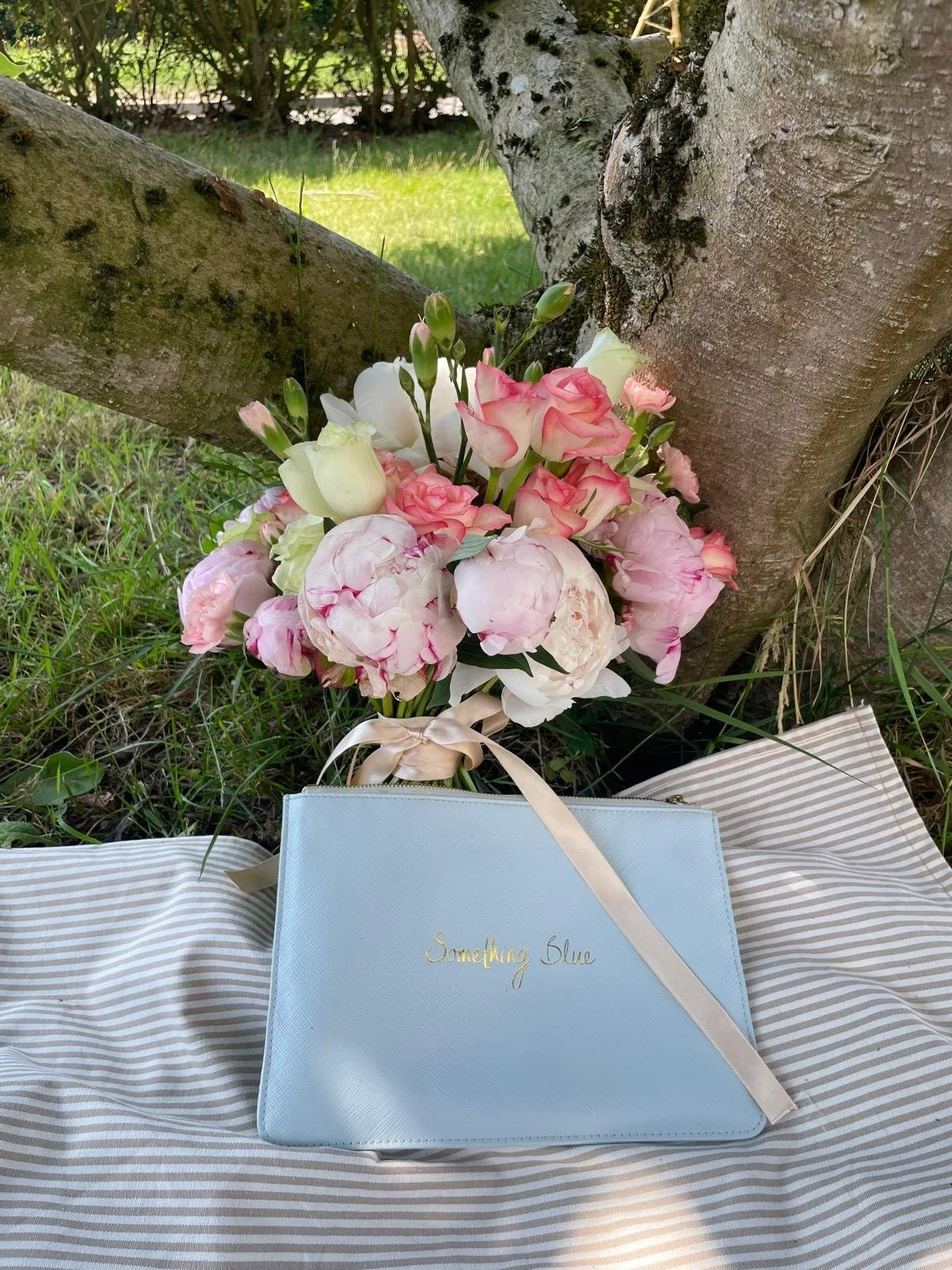 A bouquet of pink and white flowers, including roses and peonies, tied with a cream ribbon, resting on a striped fabric next to a light blue book titled 'Something Blue' placed on the grass at the base of a tree.