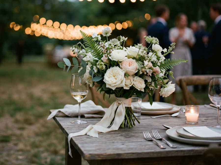 A romantic outdoor table setting with a large bouquet of white and blush flowers, greenery, and a cream-colored ribbon. Includes wine glasses, a lit candle, and place settings. Blurred string lights and people in conversation are visible in the background.