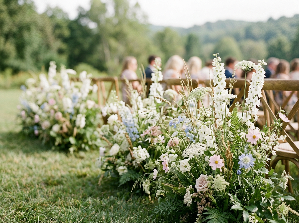 Floral arrangements featuring white, pink, and light blue flowers along a grassy outdoor aisle with wooden chairs and blurred guests in the background at a wedding.