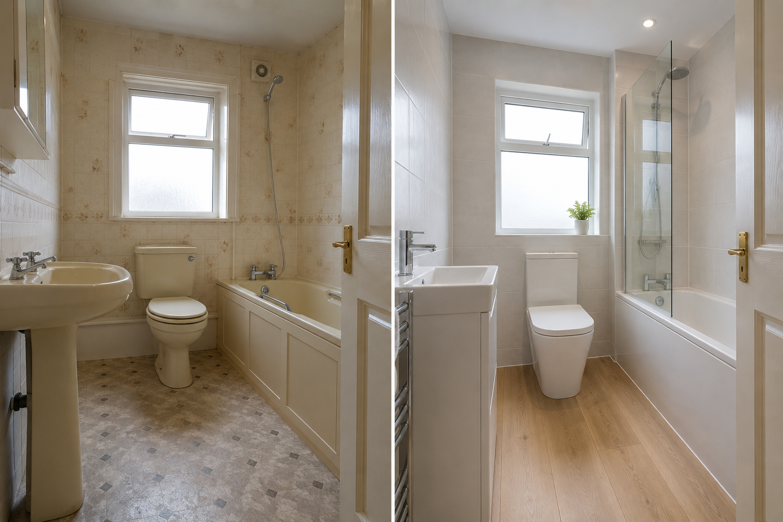 Comparison of two bathrooms showing old and renovated styles, with the old bathroom on the left featuring beige fixtures and patterned floor and the new bathroom on the right featuring modern white fixtures and wood flooring.
