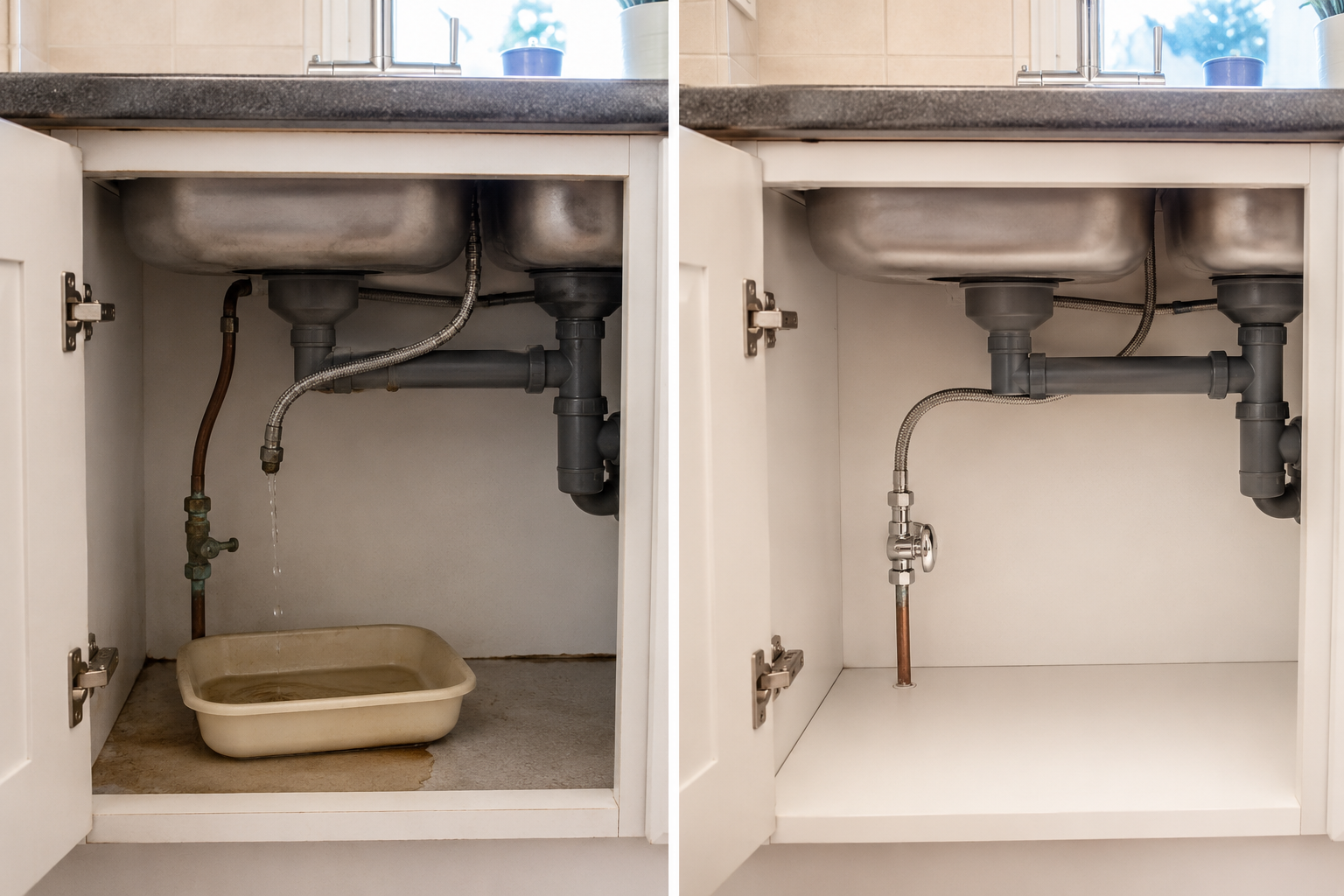 Before and after images of a kitchen sink cabinet demonstrating plumbing repair; the left image shows a leaking pipe with water collection beneath, the right image shows a repaired pipe with no water or leak.