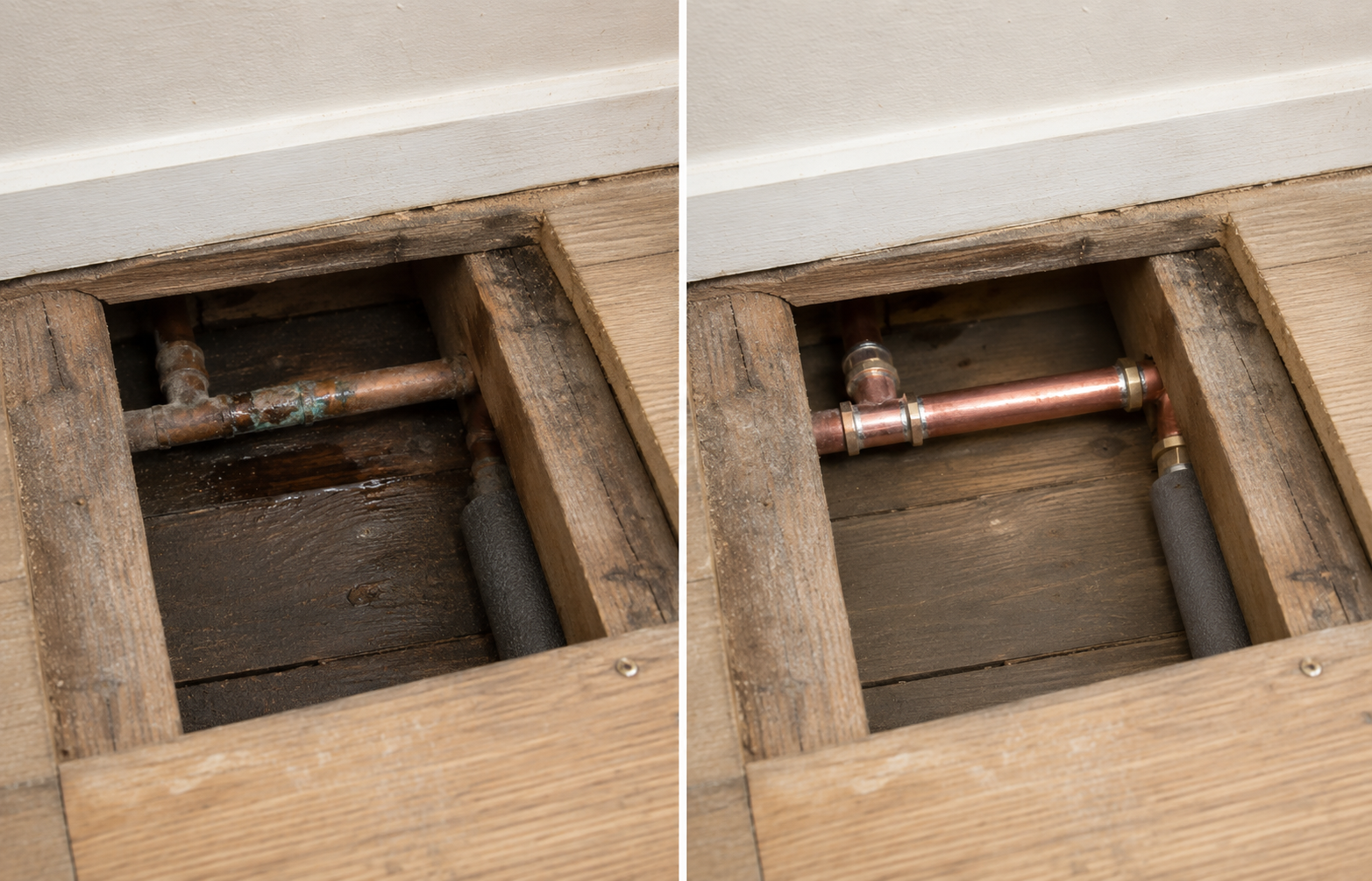 Comparison of plumbing pipes under a floor: on the left, older copper pipes with corrosion and water damage; on the right, new copper pipes installed in the same space.