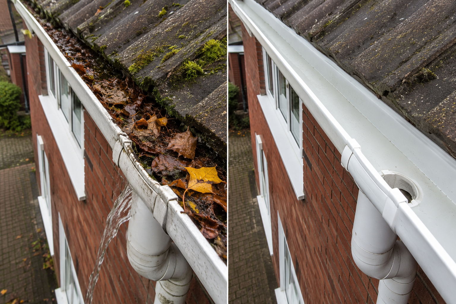 Before and after cleaning gutters on a brick building with a drain pipe