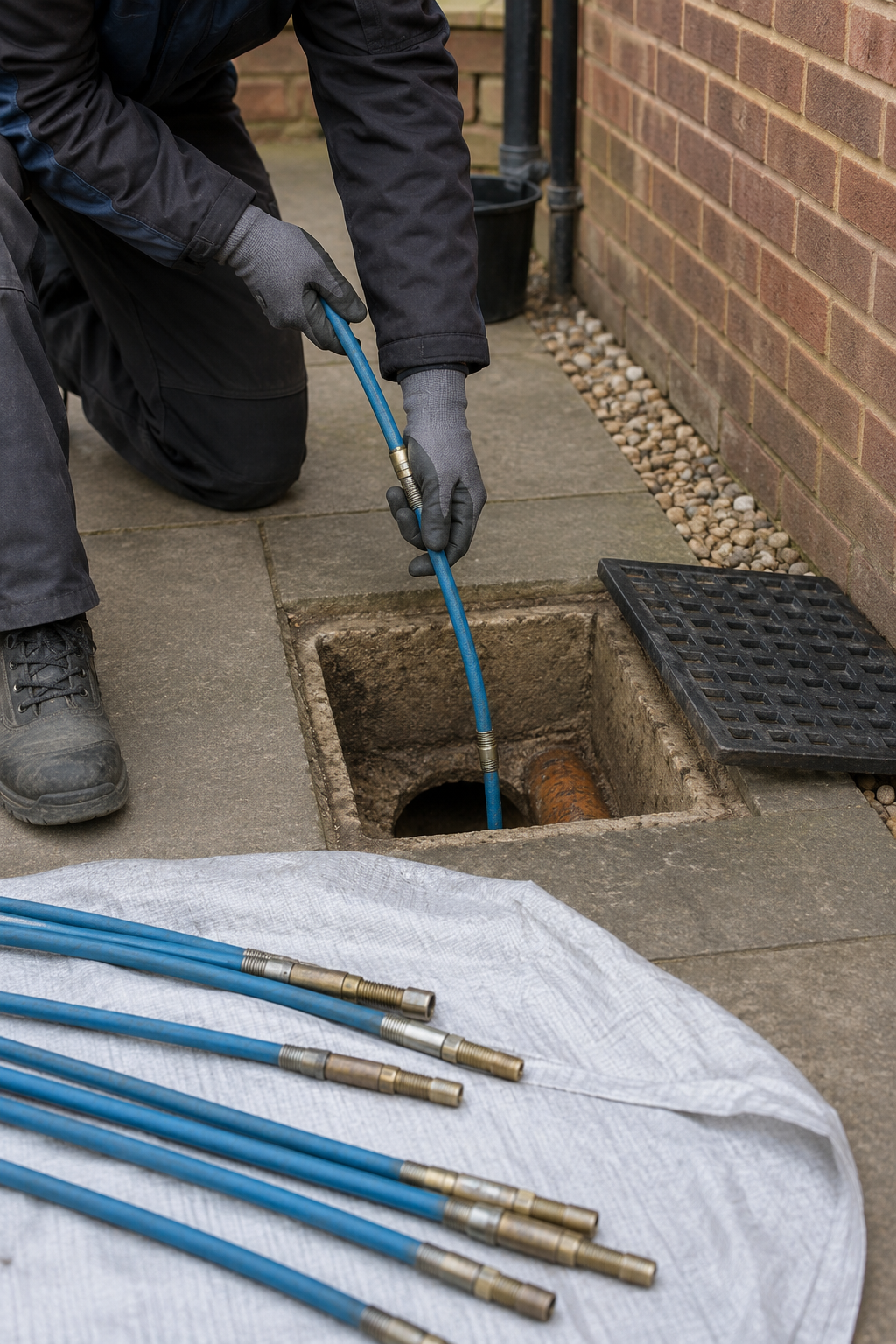 A person kneeling on a concrete patio, wearing gloves and black outdoor clothing, is inserting a blue drain cleaning cable into an uncovered access hole in the ground. Several other drain cables are laid out on a white cloth nearby. The scene is outside a brick house, with a black drain pipe and small rocks along the house's foundation.