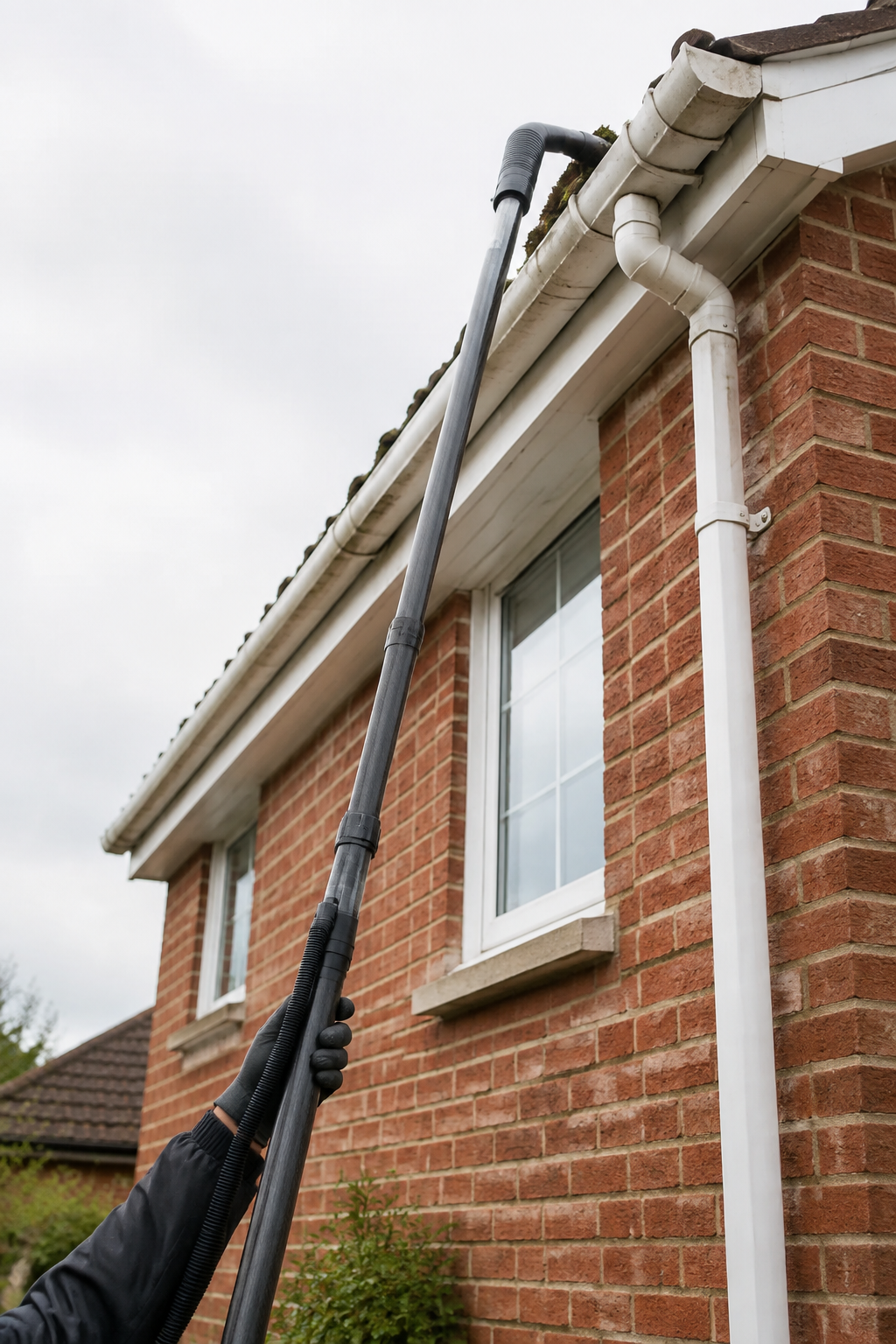 A person cleaning or inspecting the gutters on a red brick house using a long extension vacuum or blower.