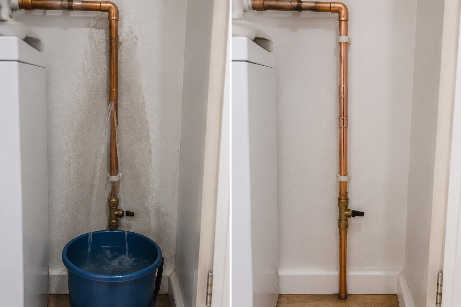 Before and after images of a water pipe repair. On the left, a leaking copper pipe with water flowing into a blue bucket. On the right, the pipe has been repaired and is dry.