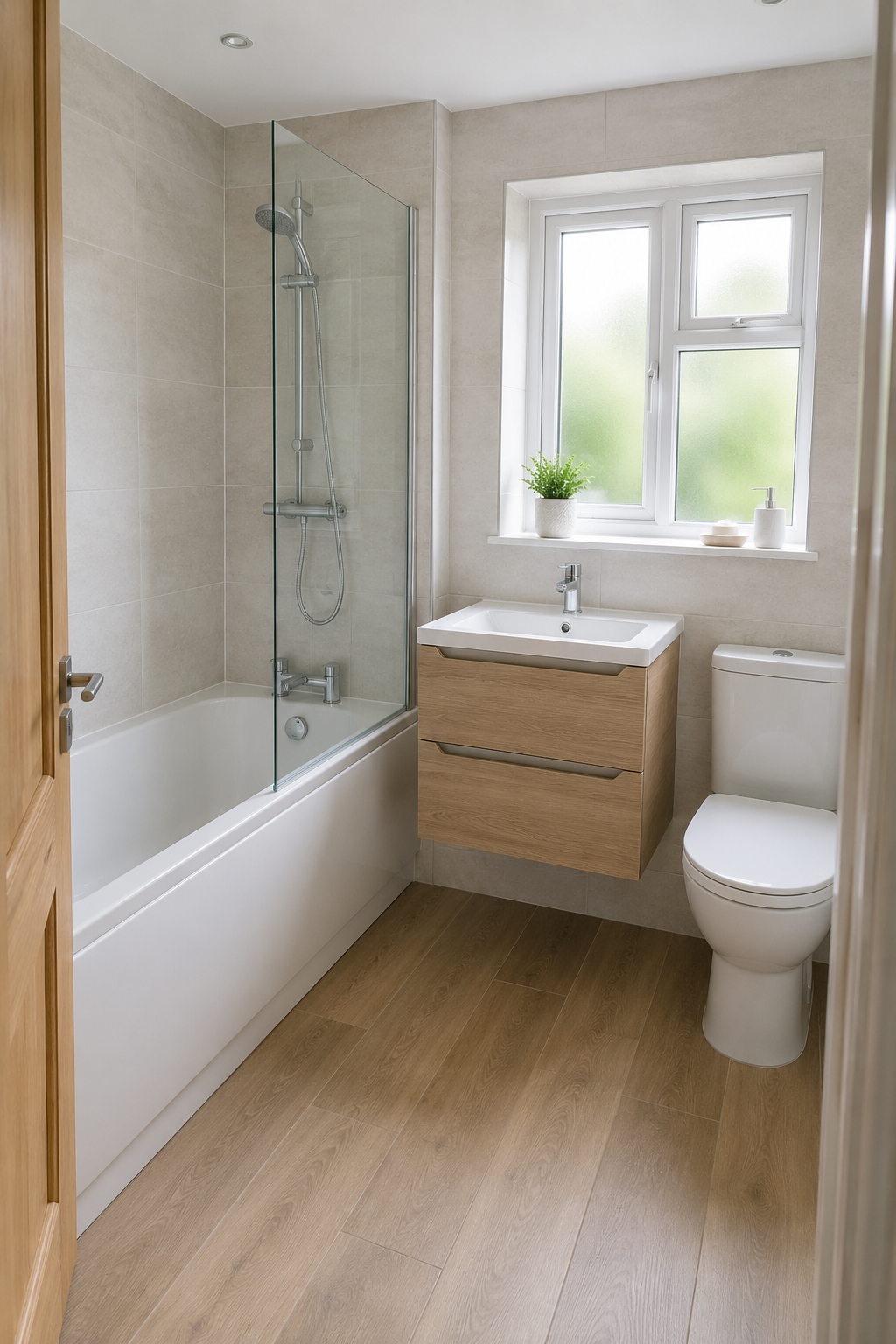 A modern bathroom with a bathtub and shower, a wooden vanity with a sink, a white toilet, and a frosted window with a small plant on the windowsill.
