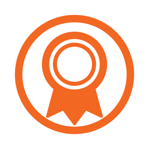 Orange award ribbon icon with a circular top and a ribbon tail at the bottom.