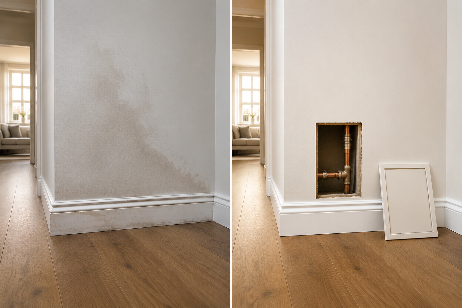 Comparison of a wall before and after installation of a plumbing access panel, with a wooden floor and a framed panel leaning against the wall.