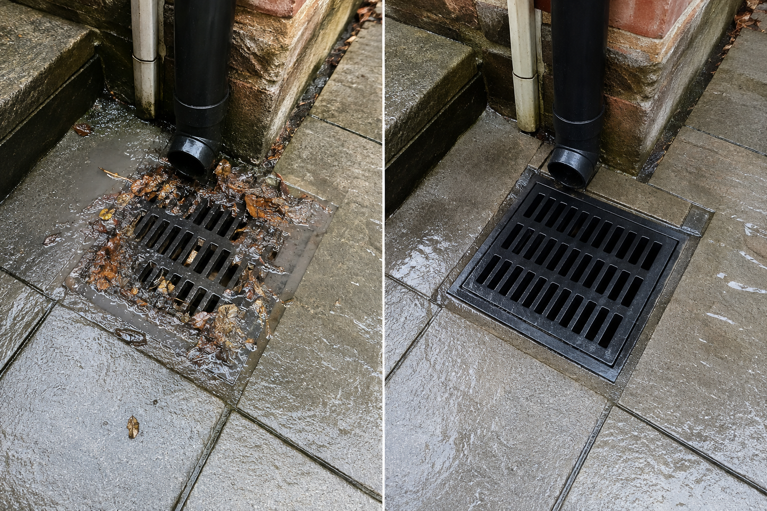 Comparison of a clogged drain covered with leaves and debris and a cleaned drain after clearing the clog, showing a before and after of the drain area outside a building.