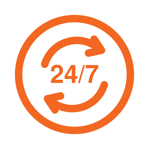 Orange icon of a clock with two curved arrows forming a circle, indicating 24/7 availability.