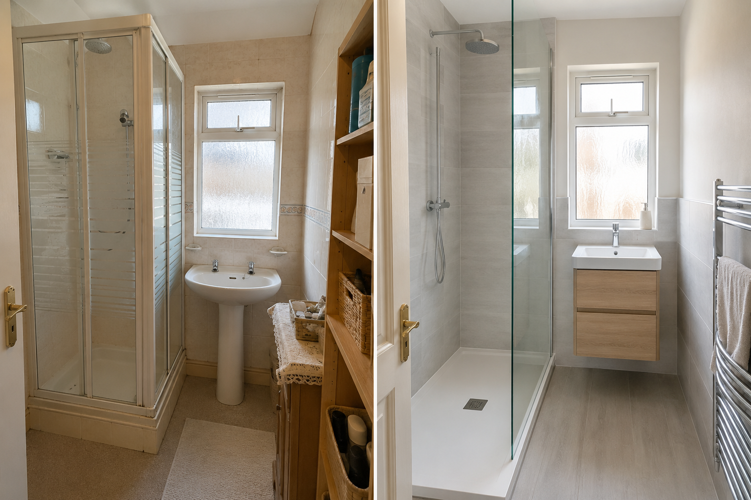 Side-by-side comparison of two bathrooms: the left bathroom features a shower enclosure, a pedestal sink, a wooden shelf with a wicker basket, and a backlit frosted window with beige tiles; the right bathroom has a modern shower with glass partition, a wall-mounted vanity with a sink, a chrome towel rack, and a large window with clear glass, all with light-colored tiles and flooring.