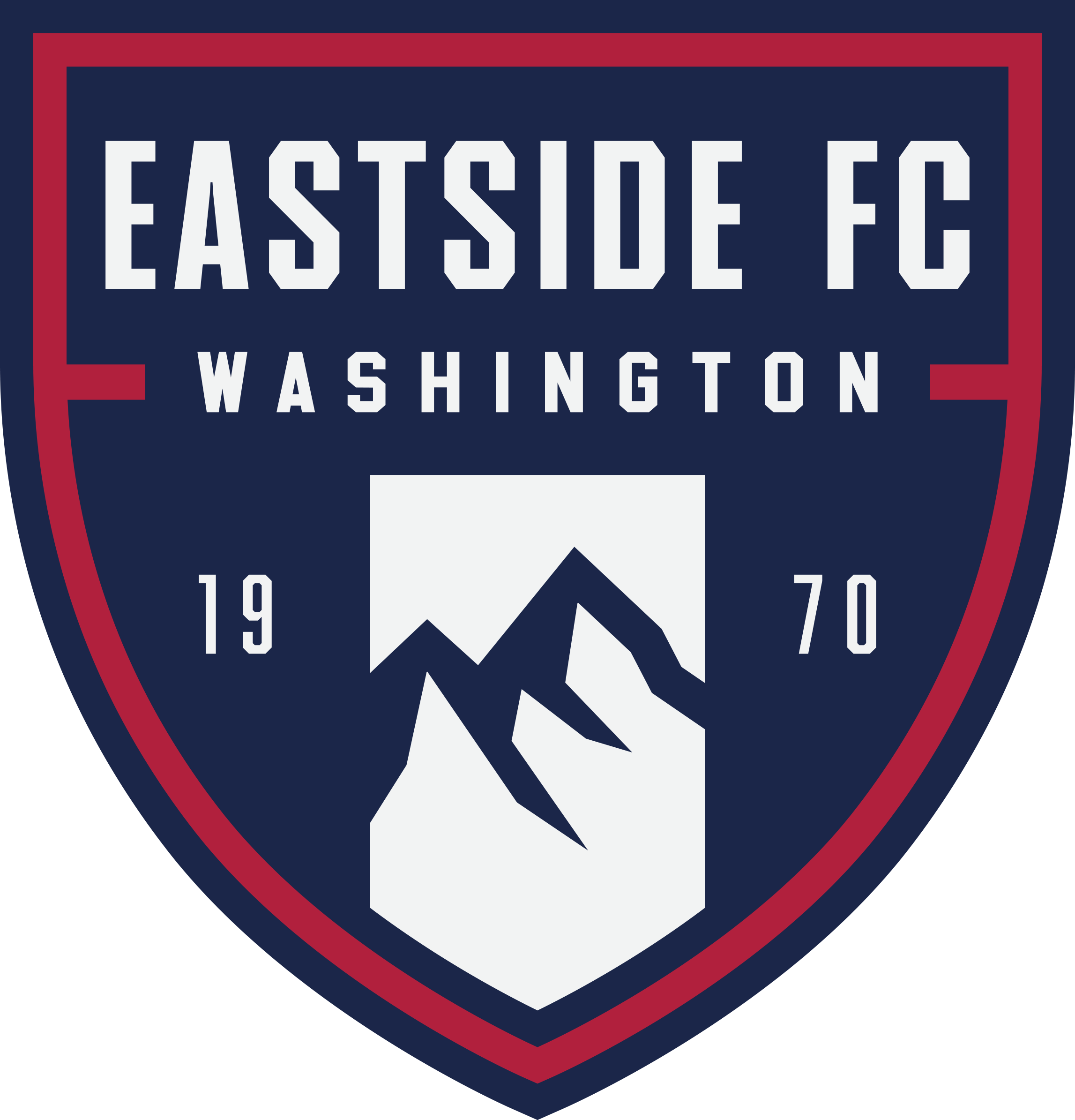 Shield-shaped emblem with the words "EASTSIDE FC" and "WASHINGTON," featuring mountains, a soccer ball, and the year 1970.