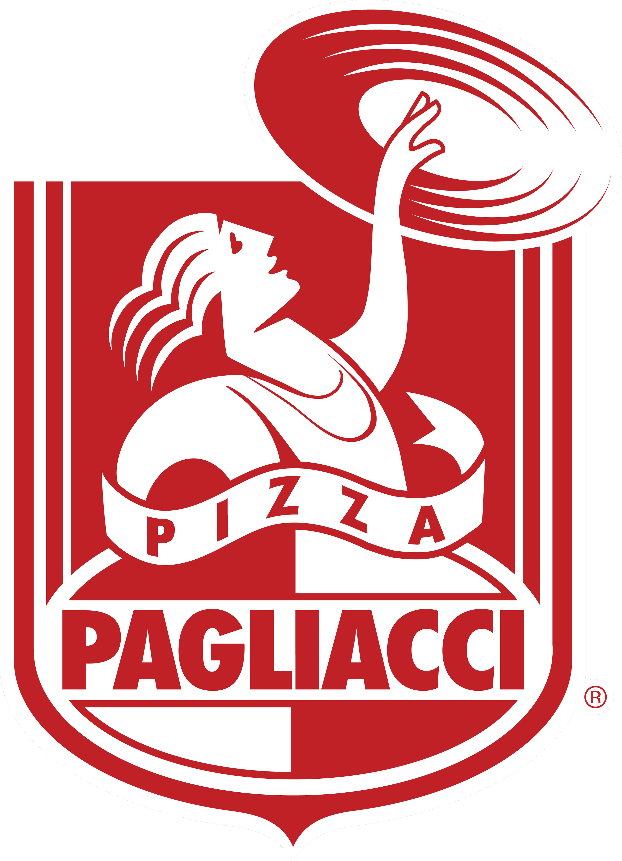 Logo of Pagiacci Pizza, featuring a stylized woman holding a large pizza above her head, with the brand name "Pagiacci" in bold red letters beneath.