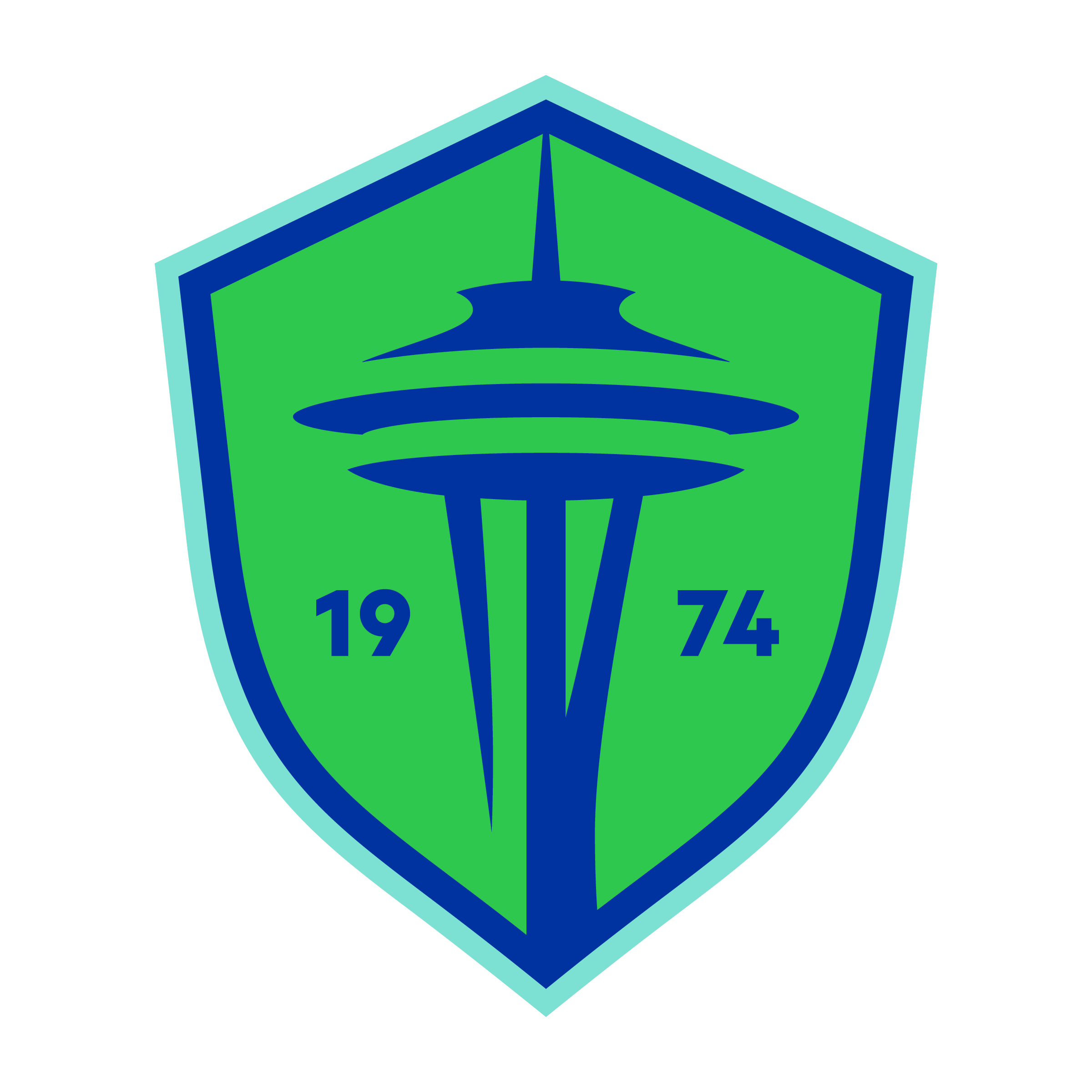 A geometric logo featuring a green and blue stylized design within a shield shape with a black background.