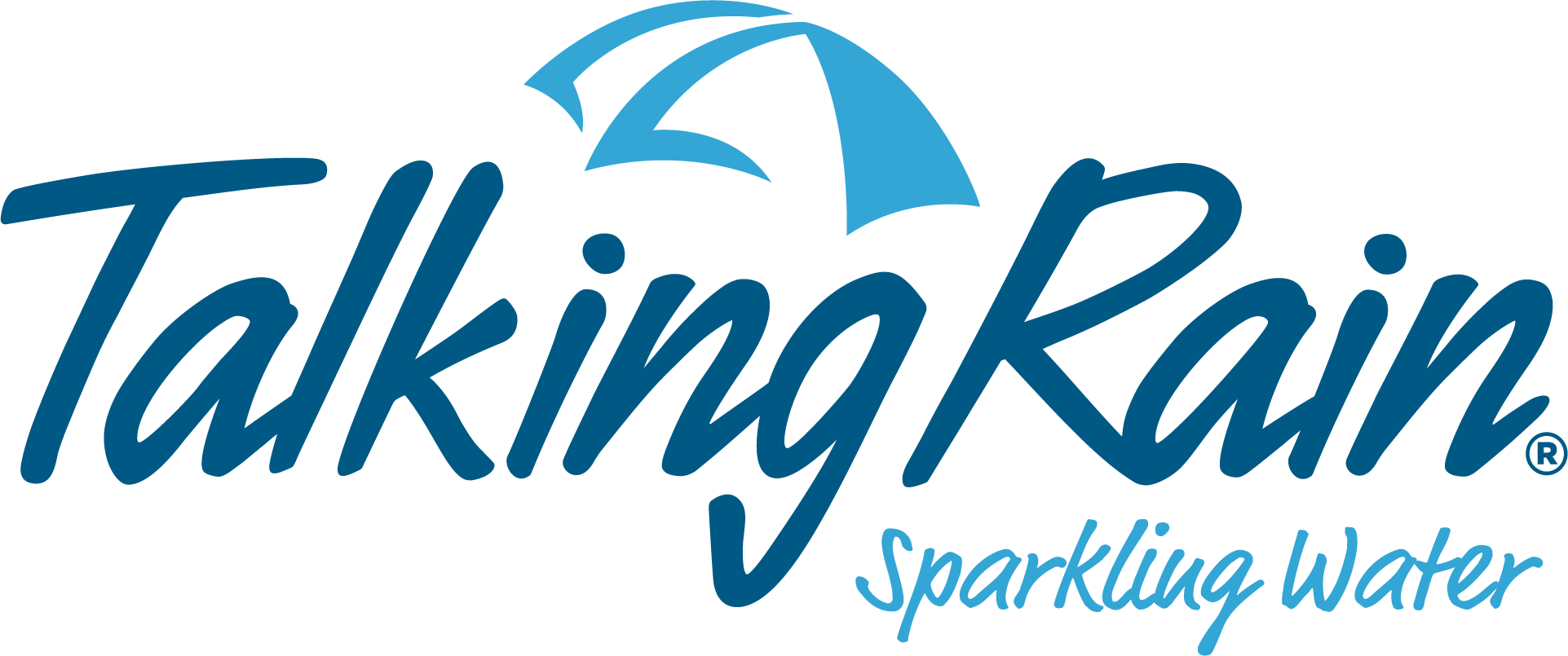 Logo of Talling-Kain Sparkling Water featuring a blue umbrella and stylized text.