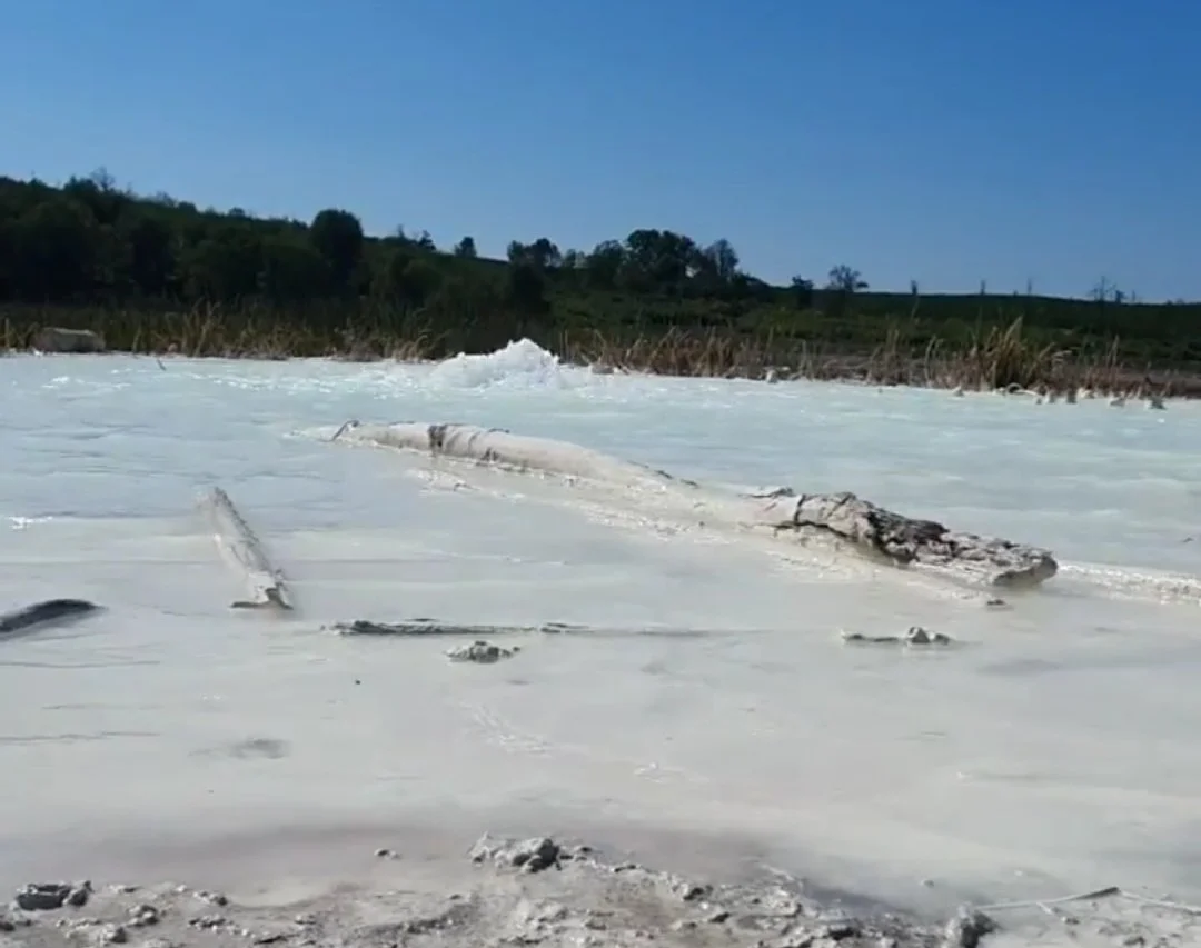 Una sorgente sulfurea di origine vulcanica. ambiente lunare, con alcuni tronchi o rami abbandonati e un paesaggio collinare verde sullo sfondo contro un cielo blu
