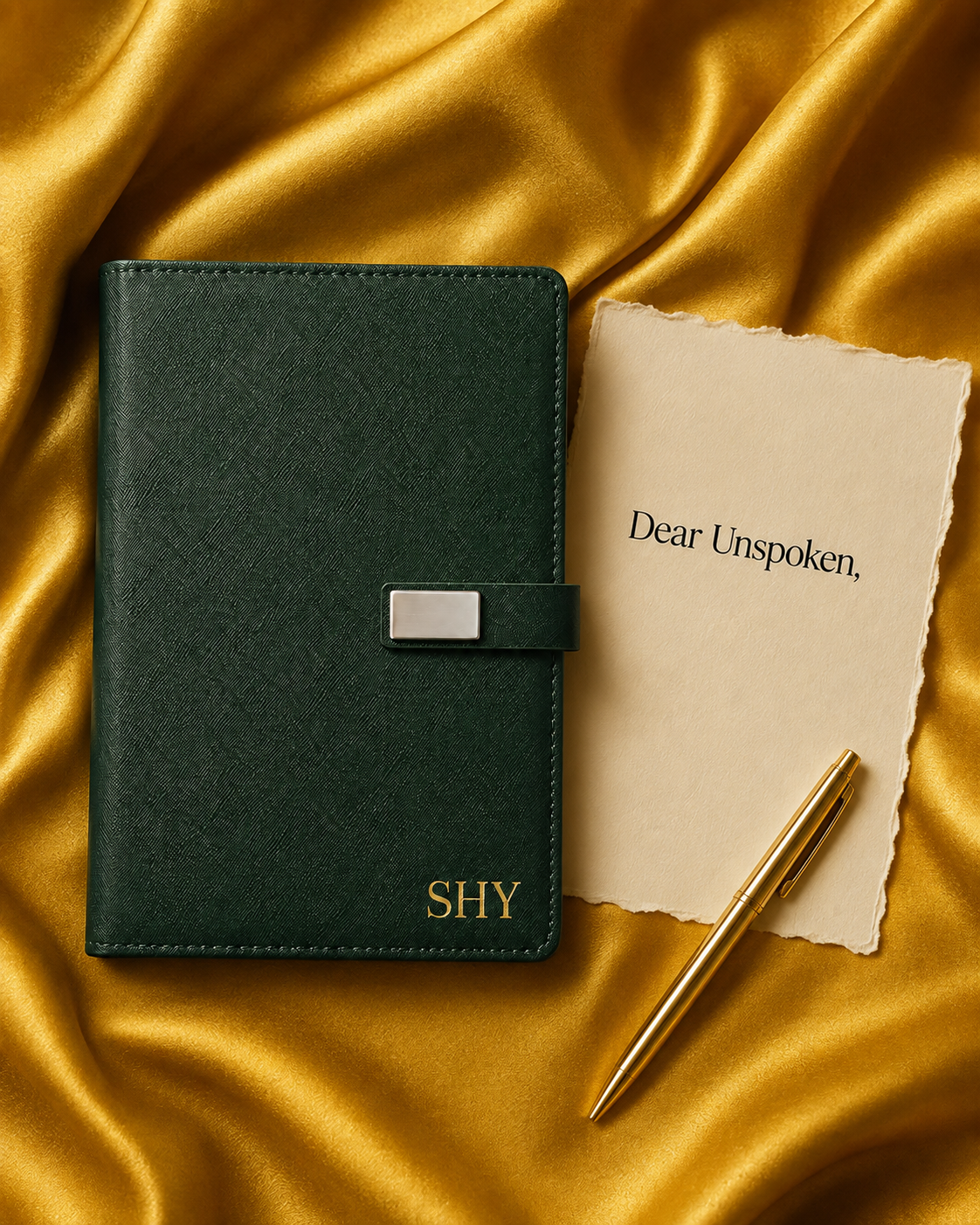A green textured planner with a silver clasp, a handwritten note titled 'Dear Unspoken,' and a gold pen, all placed on shiny gold fabric. The planner has the word 'SHY' written on it in gold letters.