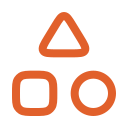 Simple orange geometric shapes including a triangle, square, and circle.