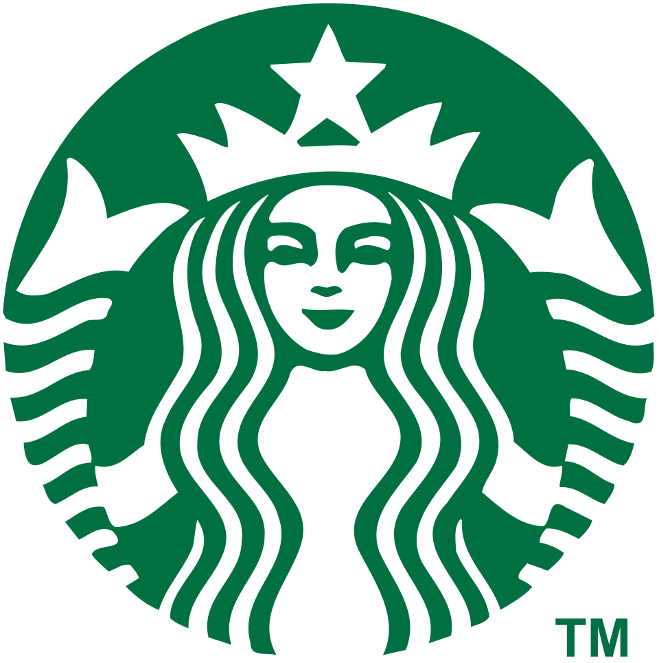 Starbucks logo featuring a green circle with a white mermaid with long hair, a crown, and two tails.