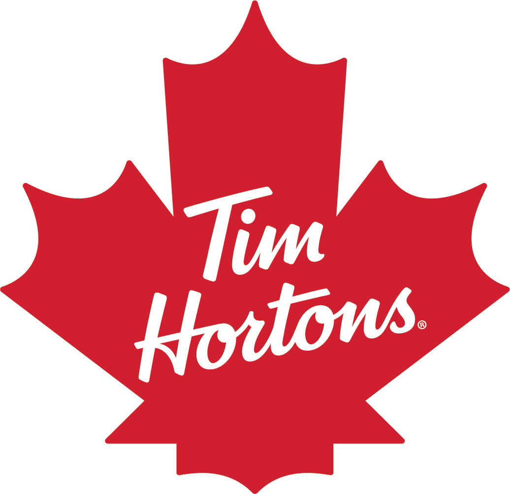 Tim Hortons logo with a stylized red maple leaf background.