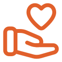 Outline of a hand with a heart above it, both in orange.