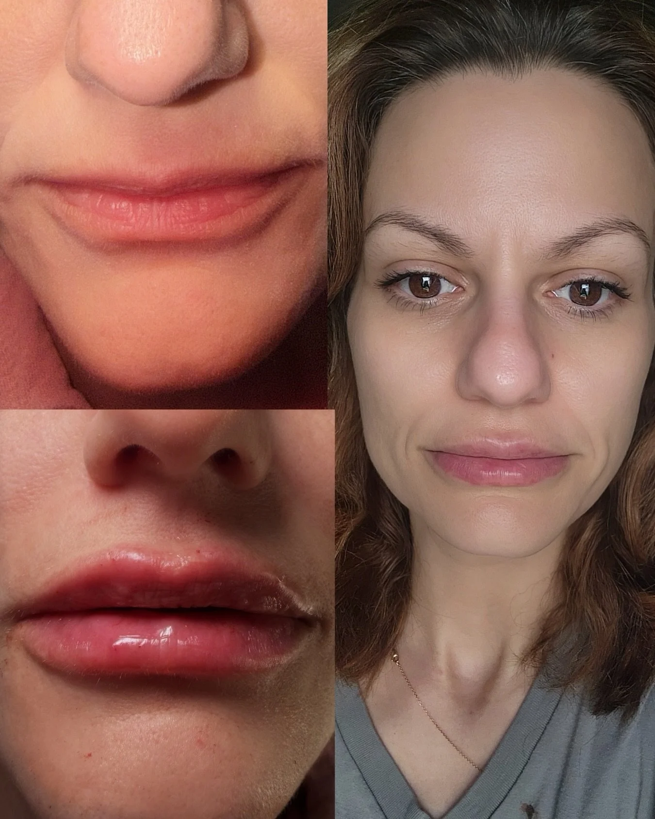 Close-up of a woman's face before and after makeup application, showing changes in skin tone, eye makeup, lips, and overall facial appearance.