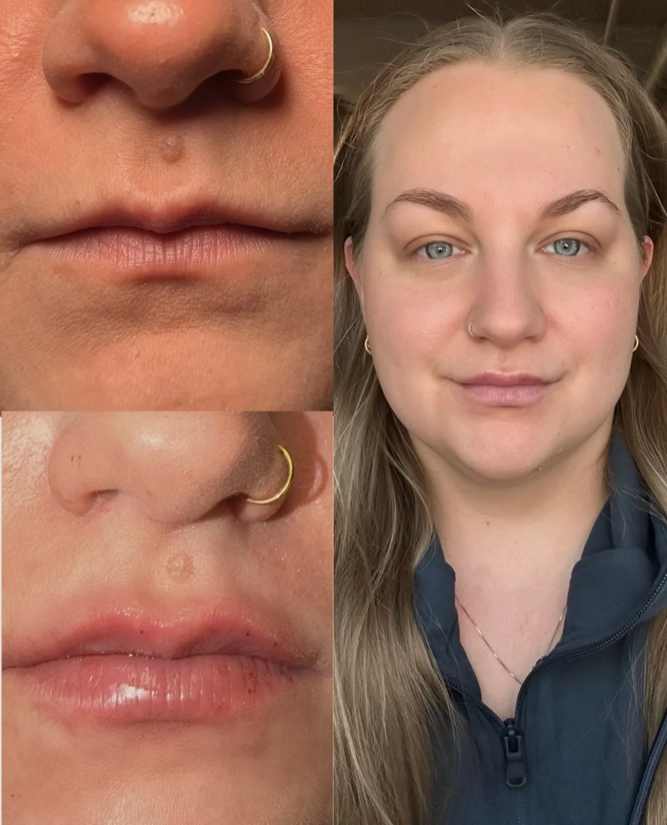 A split image showing a close-up of a person's nose, lips, and a side view of a nose with a gold nose ring on the left, and a portrait of a woman with blonde hair and blue eyes on the right.