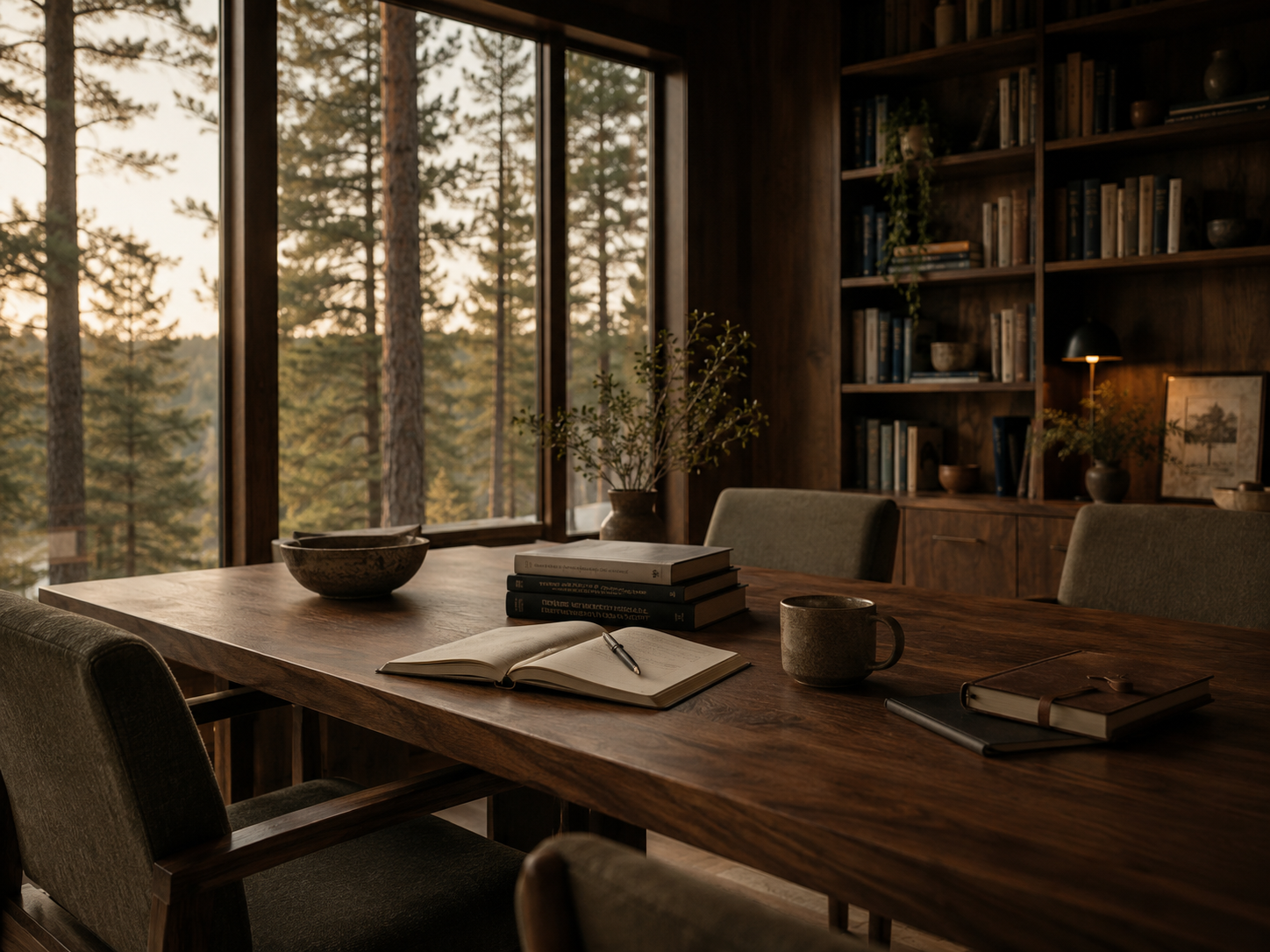 A cozy wood-paneled room with a large window overlooking a forest. There is a wooden table with books, a notebook, a pen, a mug, and a ceramic bowl. A bookshelf filled with books, a potted plant, and a small lamp are visible in the background.