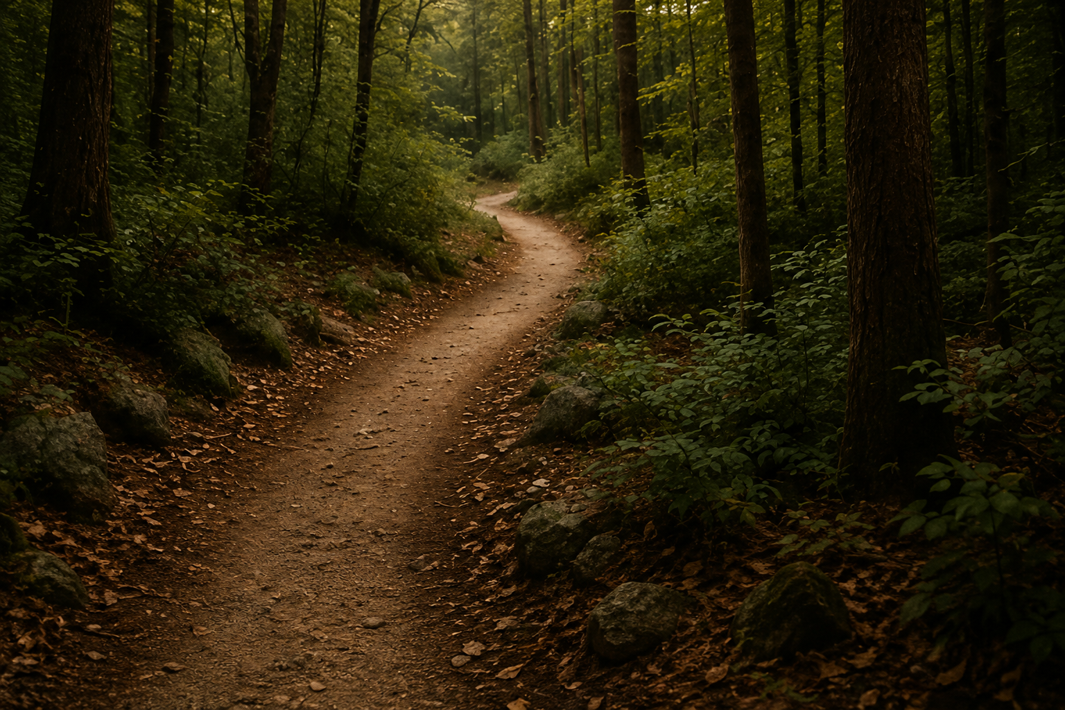 A dirt trail winding through a dense, green forest with tall trees and rocks along the path.