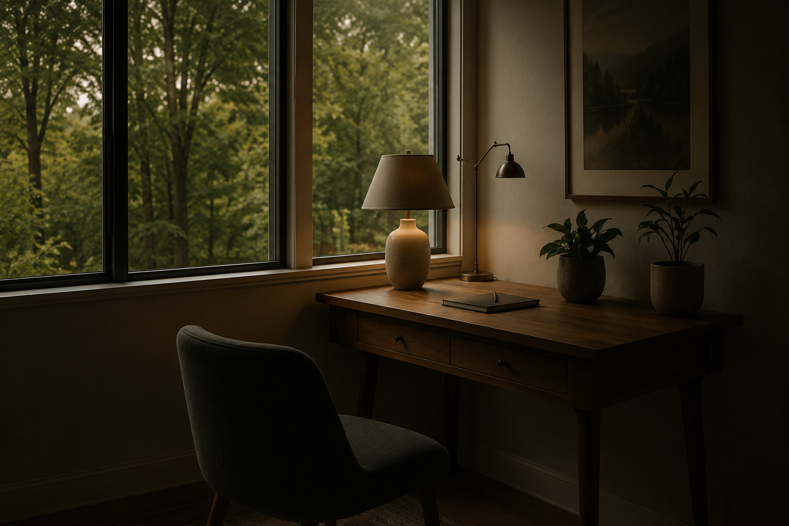 A cozy home office corner with a wooden desk, a gray upholstered chair, a table lamp, two potted plants, and a framed landscape photograph, with a large window overlooking green trees.