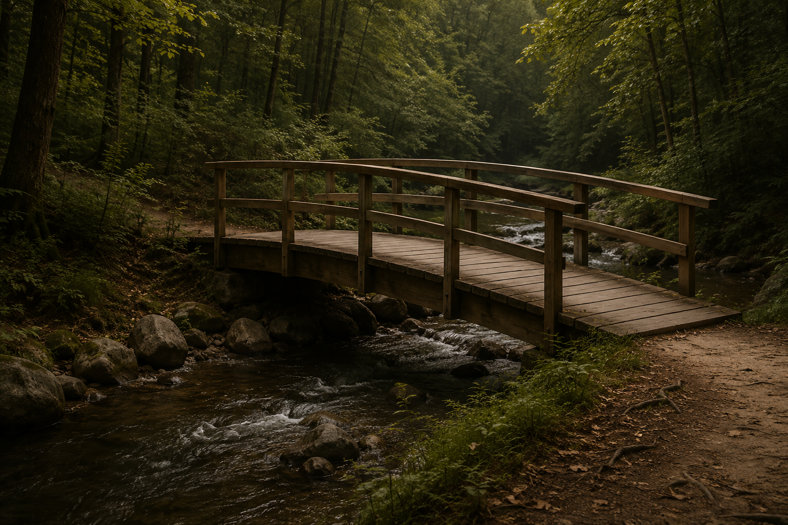 A wooden bridge over a small stream in a dense forest.