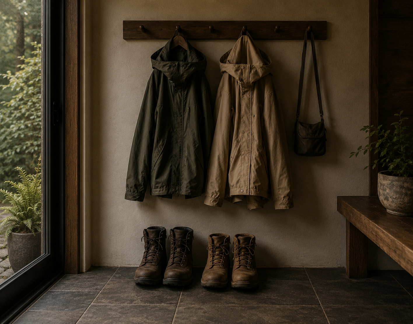 Coat rack with two waterproof jackets hanging, a small shoulder bag hanging, a pair of brown boots on the floor, a potted plant on a wooden stand, and a window with outdoor greenery.