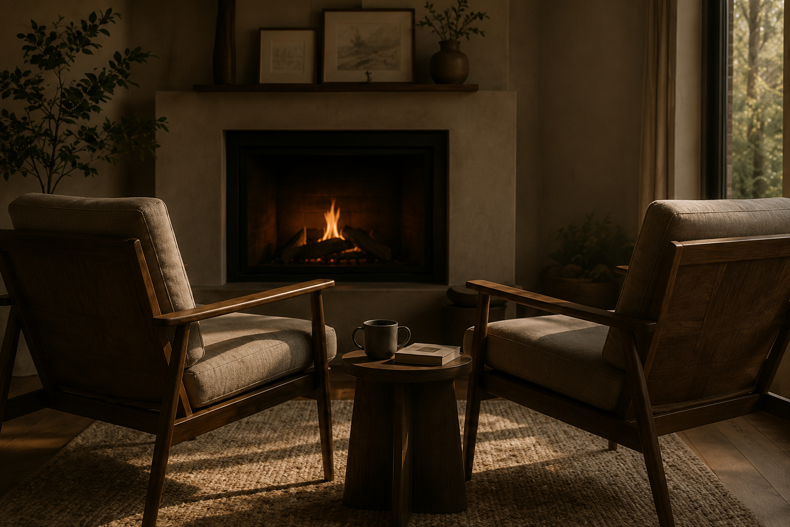 Cozy living room with two armchairs facing a lit fireplace, a small wooden table with a mug and a book between them, potted plants, framed artwork, and a large window letting in natural light.