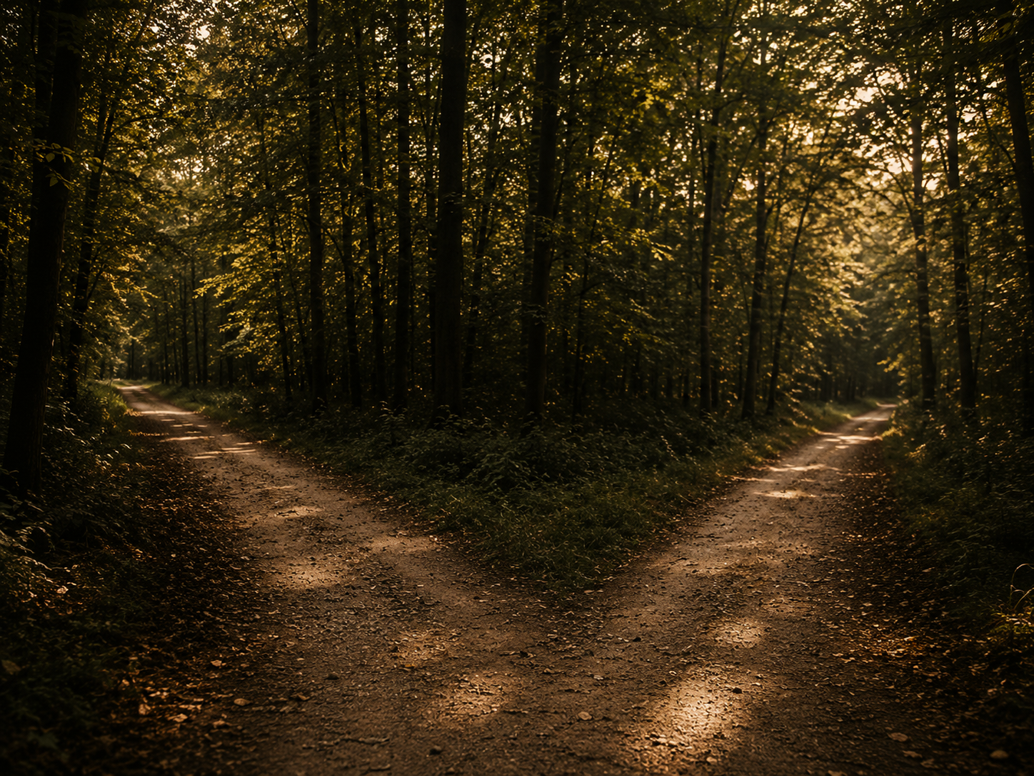 A dirt trail splitting into two paths in a dense forest during late afternoon or early evening, with sunlight filtering through the trees.