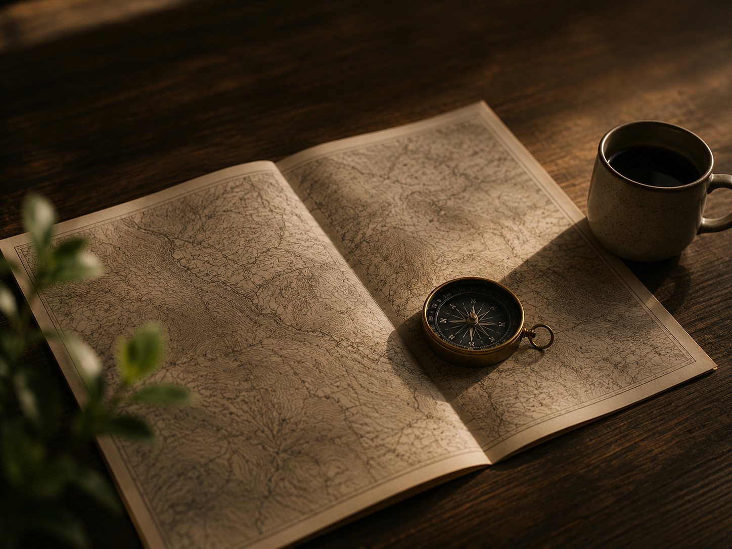 An open vintage map with a compass and a mug of coffee on a wooden table, sunlight casting shadows.